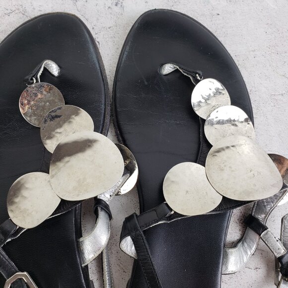iL Sandalo Italia Black Leather Sandals Flats Hammered Metal size 37 Boho Resort - Picture 8 of 11